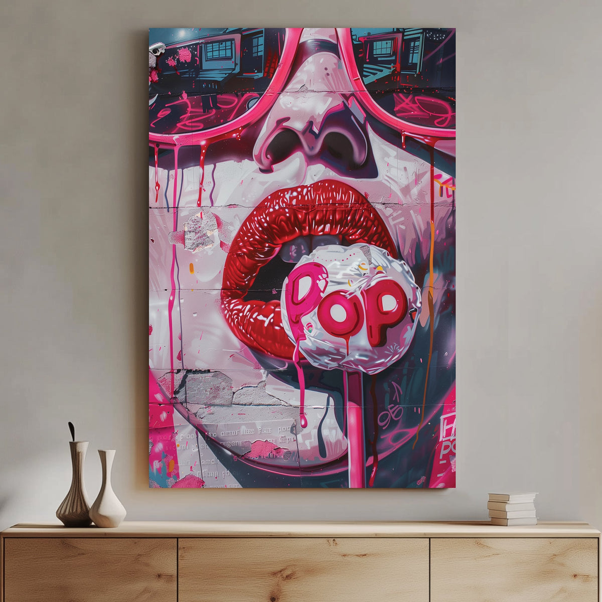 Graffiti-style wall art featuring glossy red lips, a dripping lollipop, and vibrant pink urban textures.