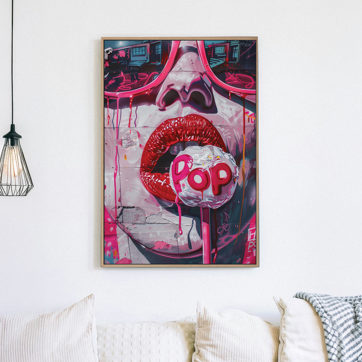 Graffiti-style wall art featuring glossy red lips, a dripping lollipop, and vibrant pink urban textures.