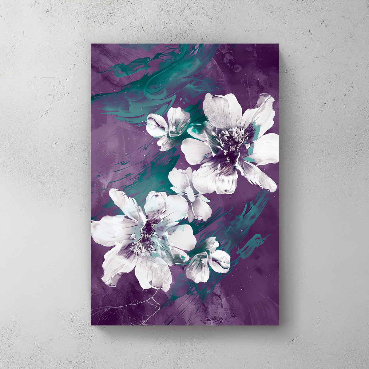 Abstract floral wall art with white flowers, deep purple background, and emerald green brushstroke details.