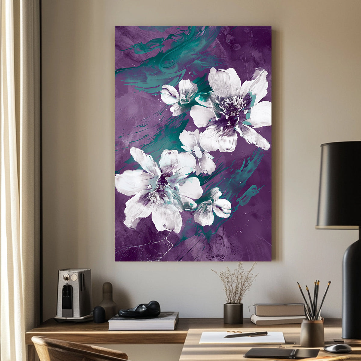 Abstract floral wall art with white flowers, deep purple background, and emerald green brushstroke details.