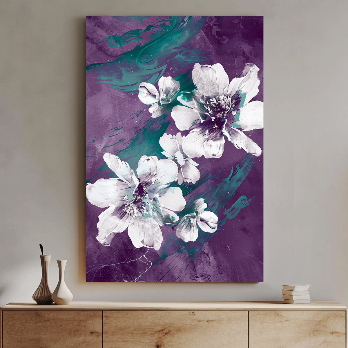 Abstract floral wall art with white flowers, deep purple background, and emerald green brushstroke details.