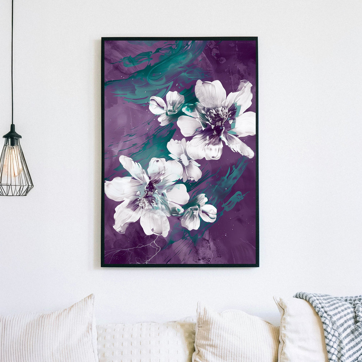 Abstract floral wall art with white flowers, deep purple background, and emerald green brushstroke details.