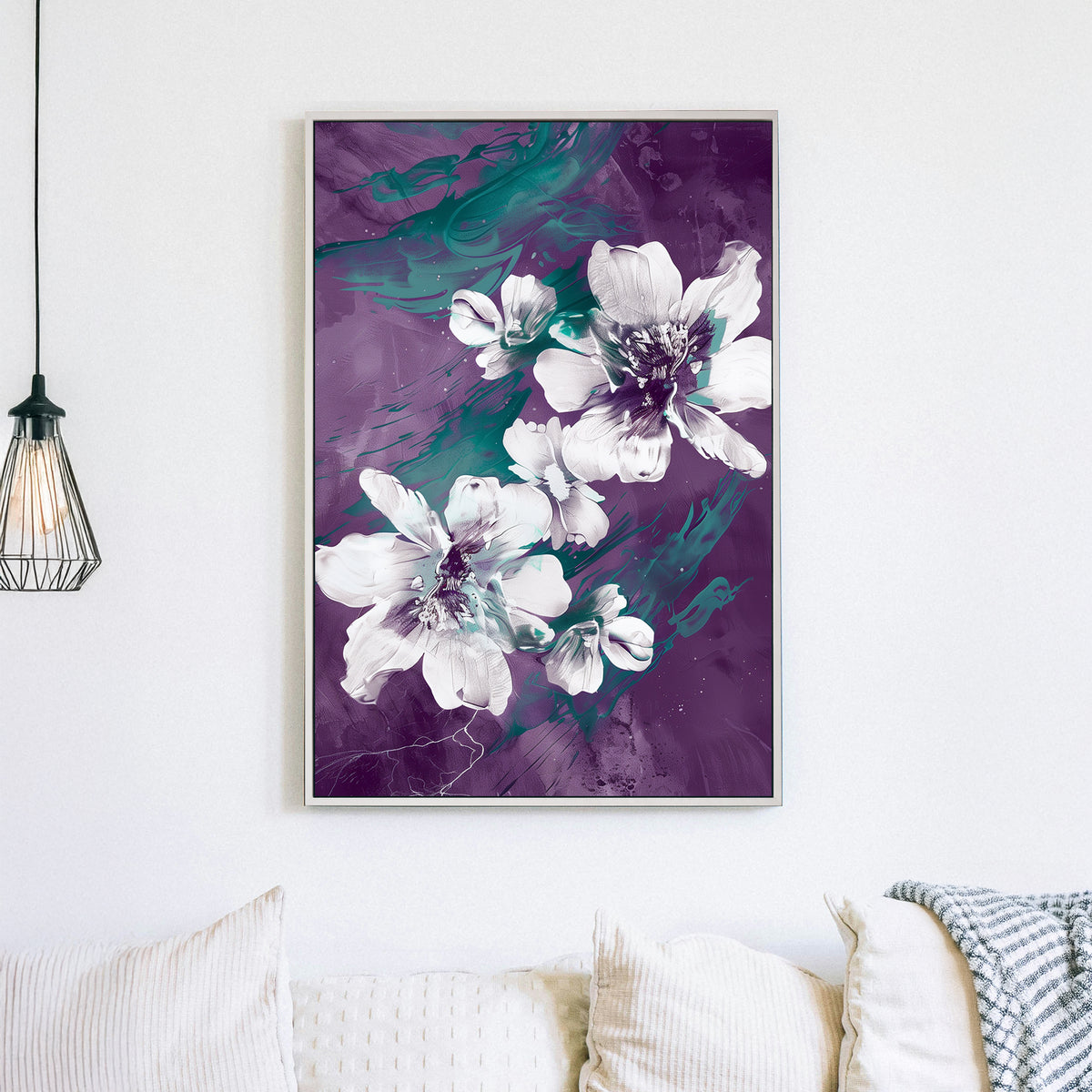 Abstract floral wall art with white flowers, deep purple background, and emerald green brushstroke details.