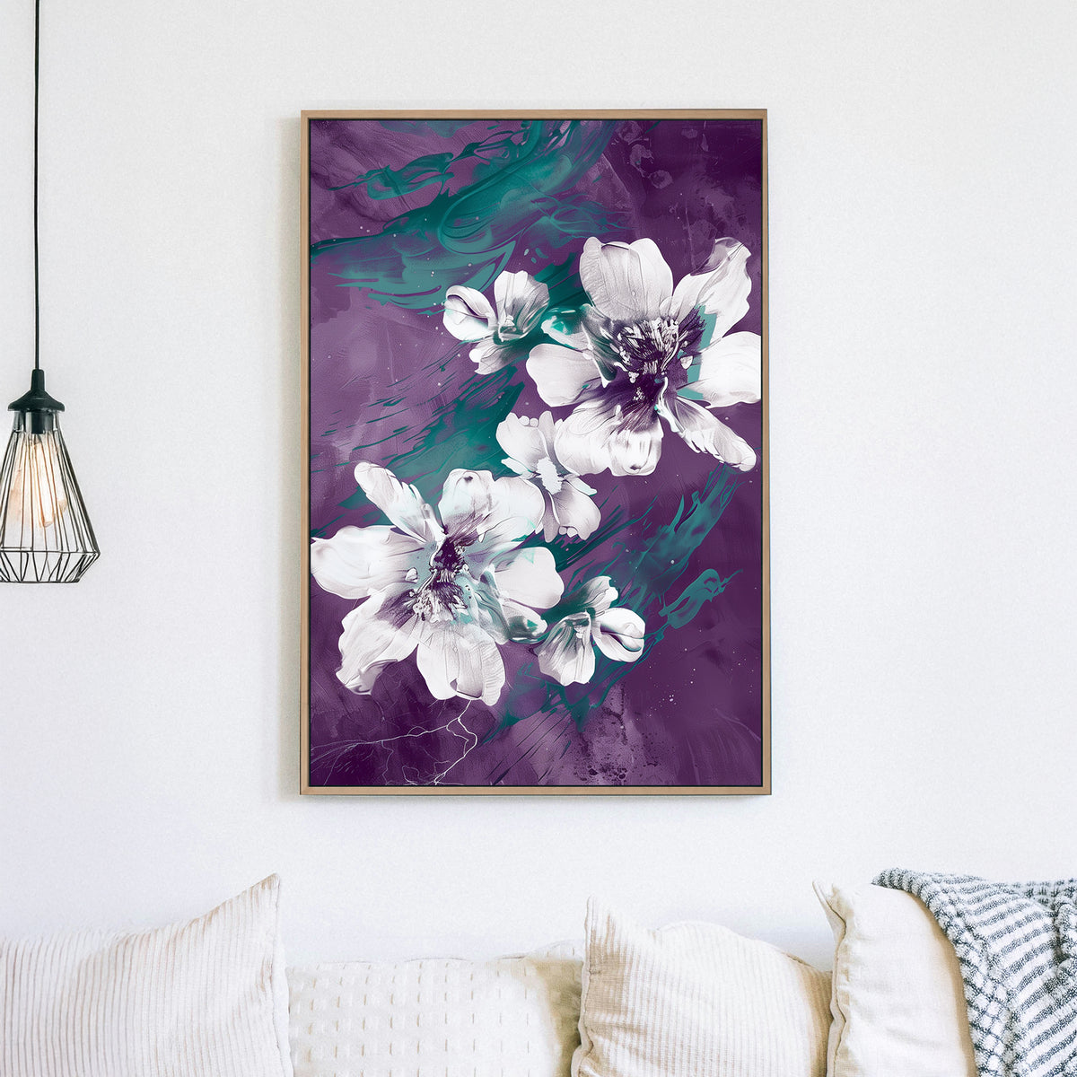 Abstract floral wall art with white flowers, deep purple background, and emerald green brushstroke details.