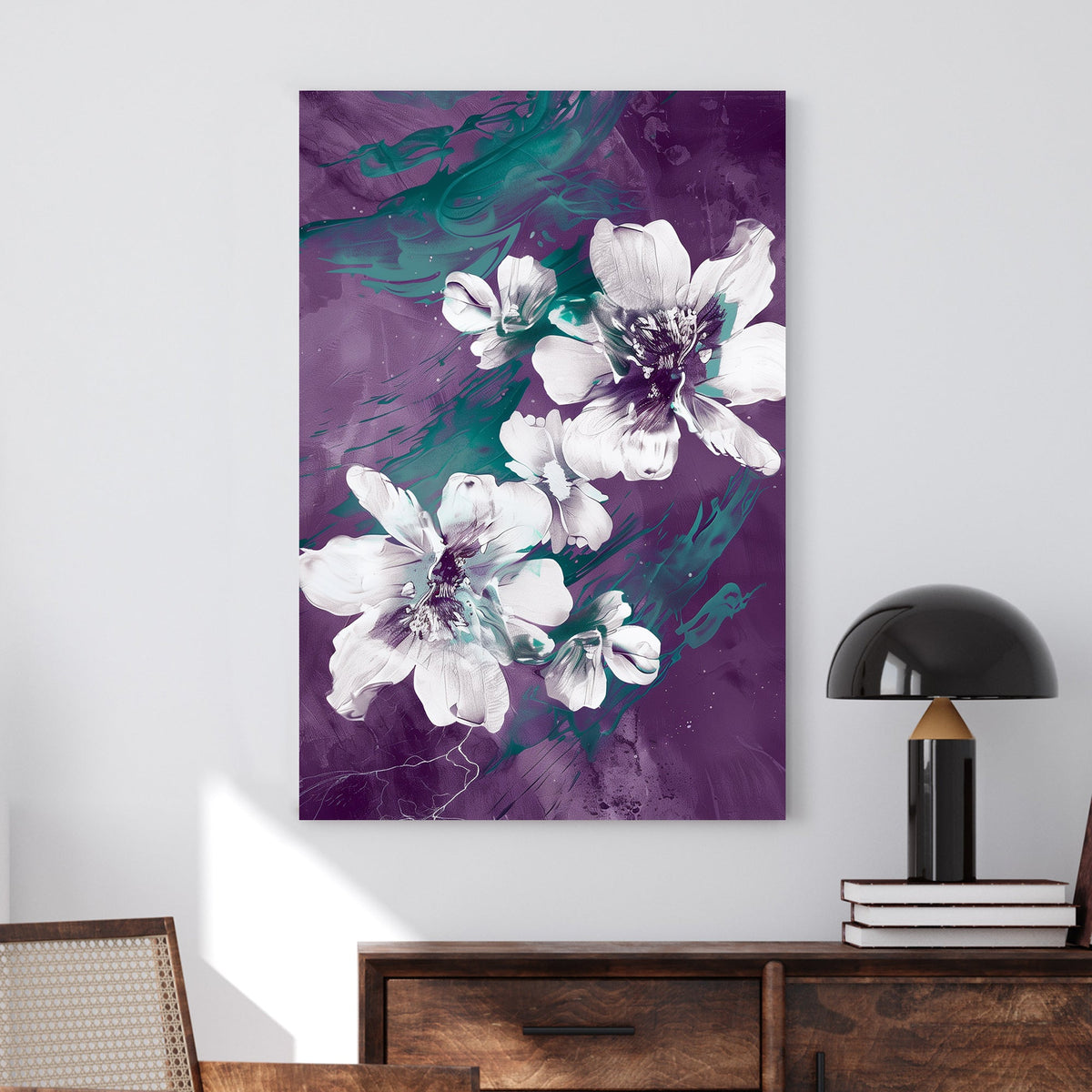 Abstract floral wall art with white flowers, deep purple background, and emerald green brushstroke details.