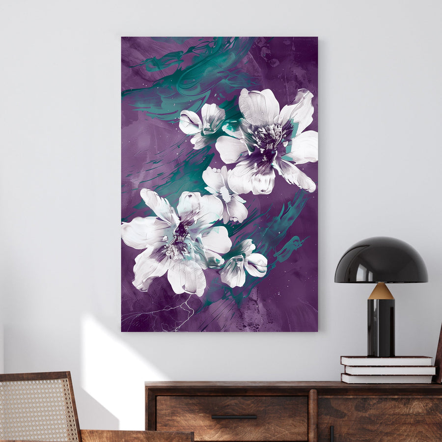 Abstract floral wall art with white flowers, deep purple background, and emerald green brushstroke details.