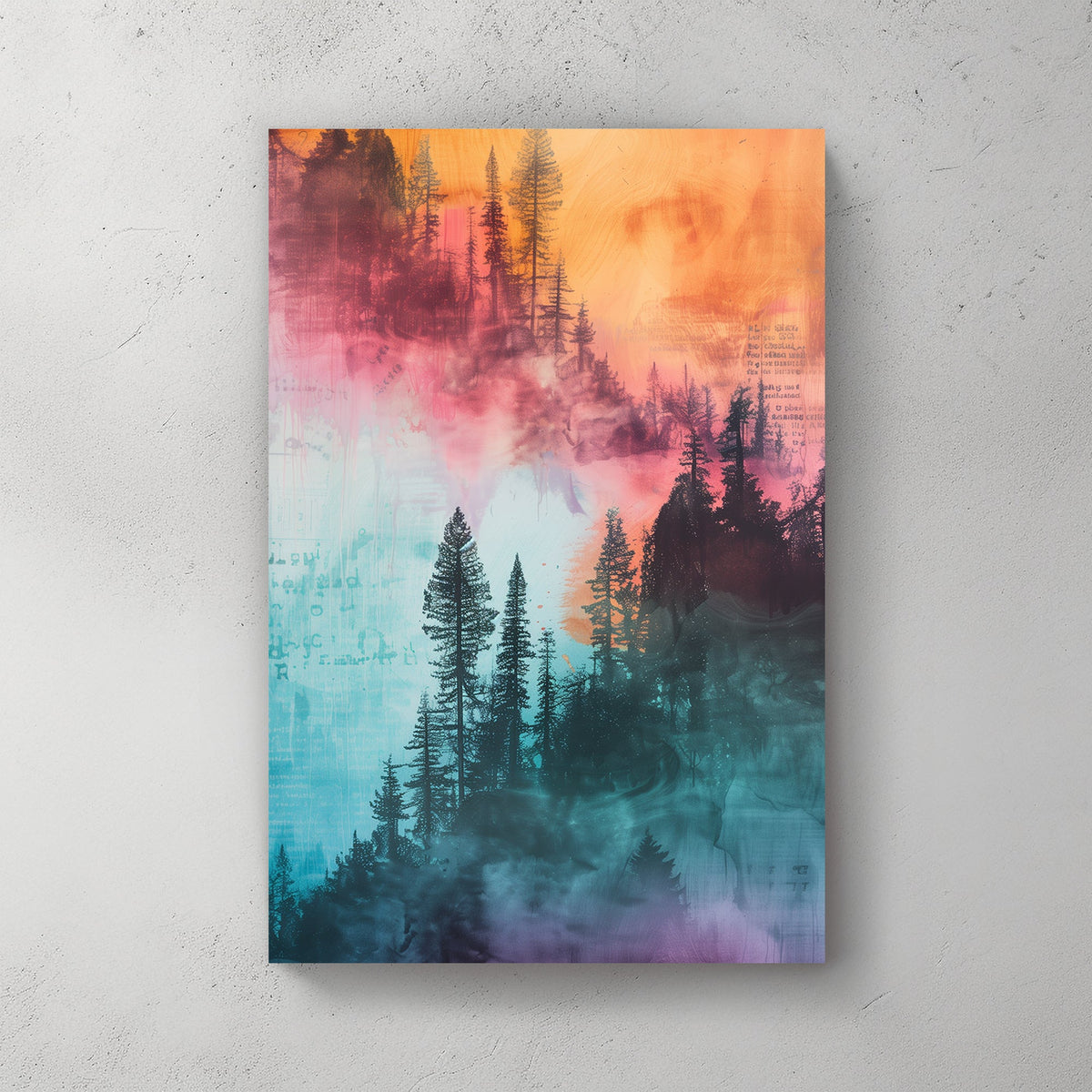 Abstract forest wall art with vibrant blue, orange, and pink hues blending into a misty tree silhouette.