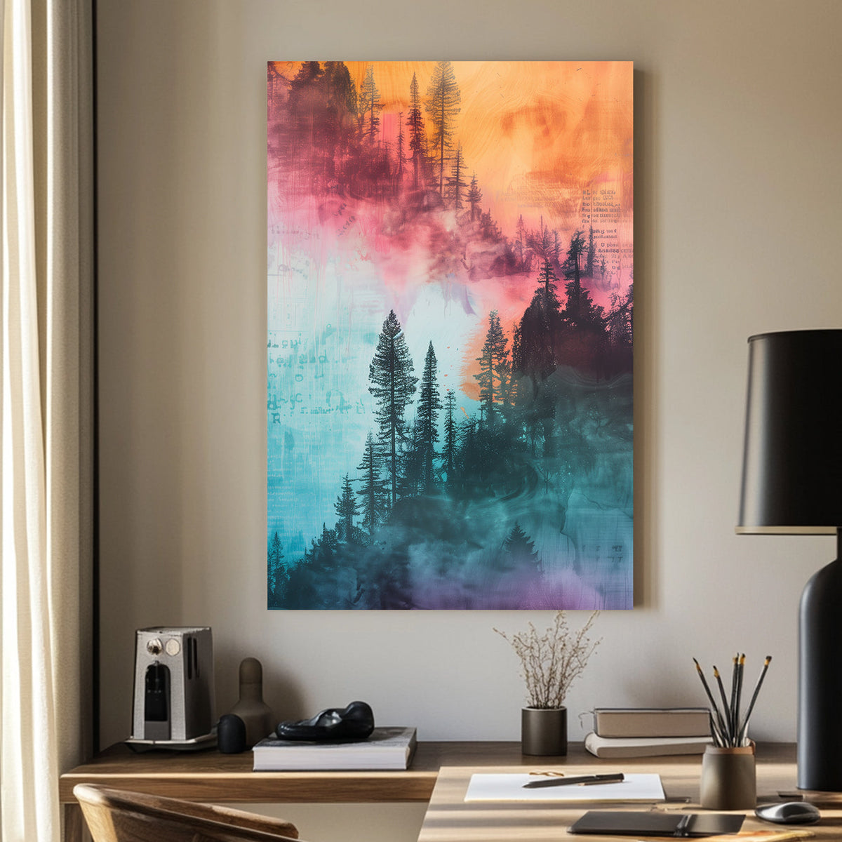 Abstract forest wall art with vibrant blue, orange, and pink hues blending into a misty tree silhouette.