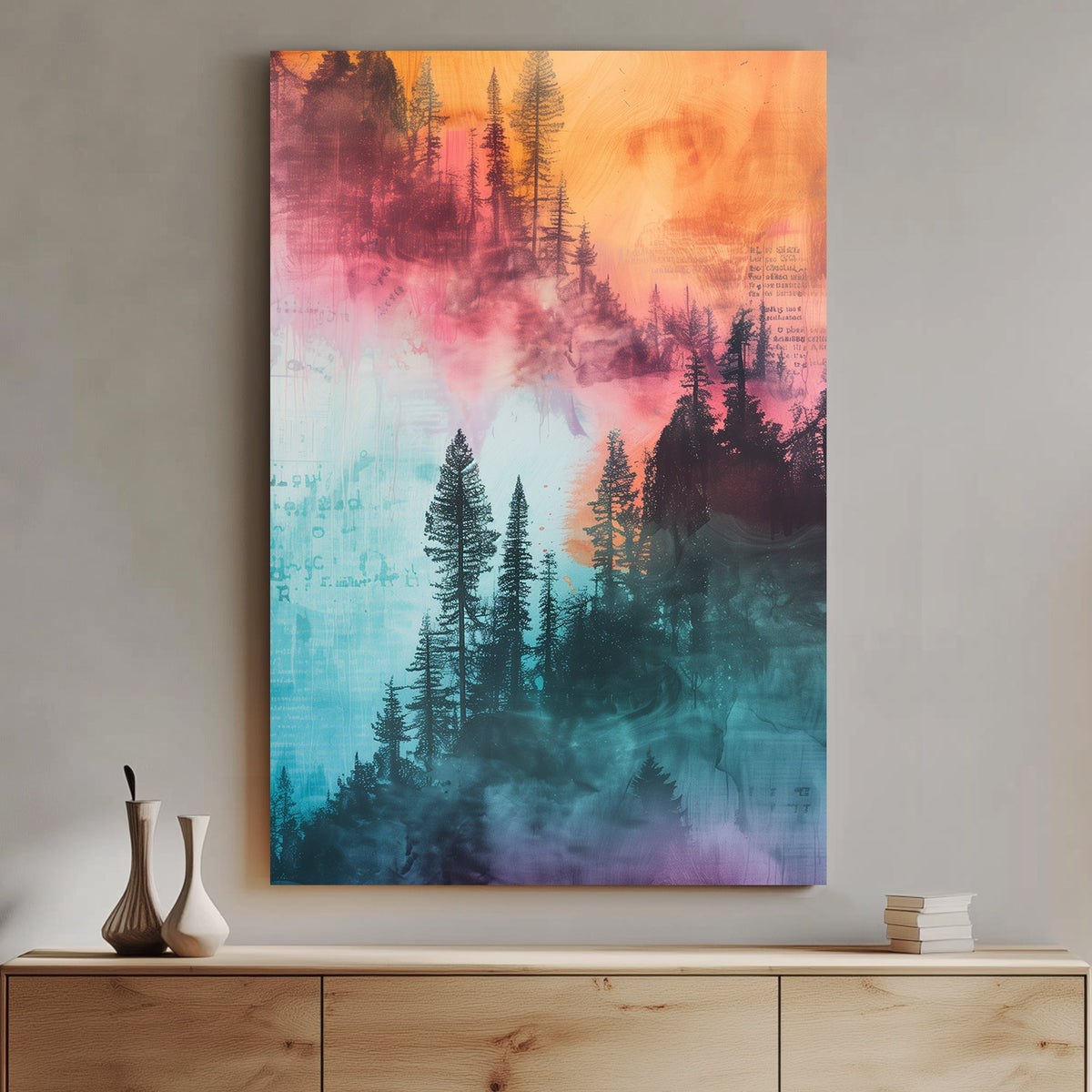 Abstract forest wall art with vibrant blue, orange, and pink hues blending into a misty tree silhouette.
