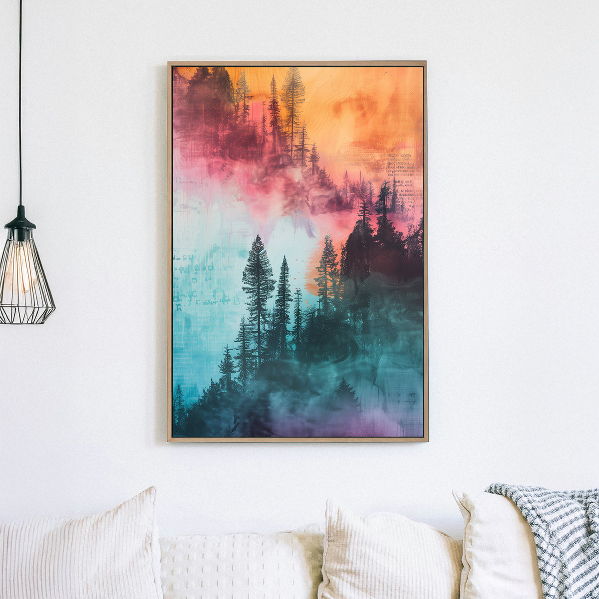Abstract forest wall art with vibrant blue, orange, and pink hues blending into a misty tree silhouette.