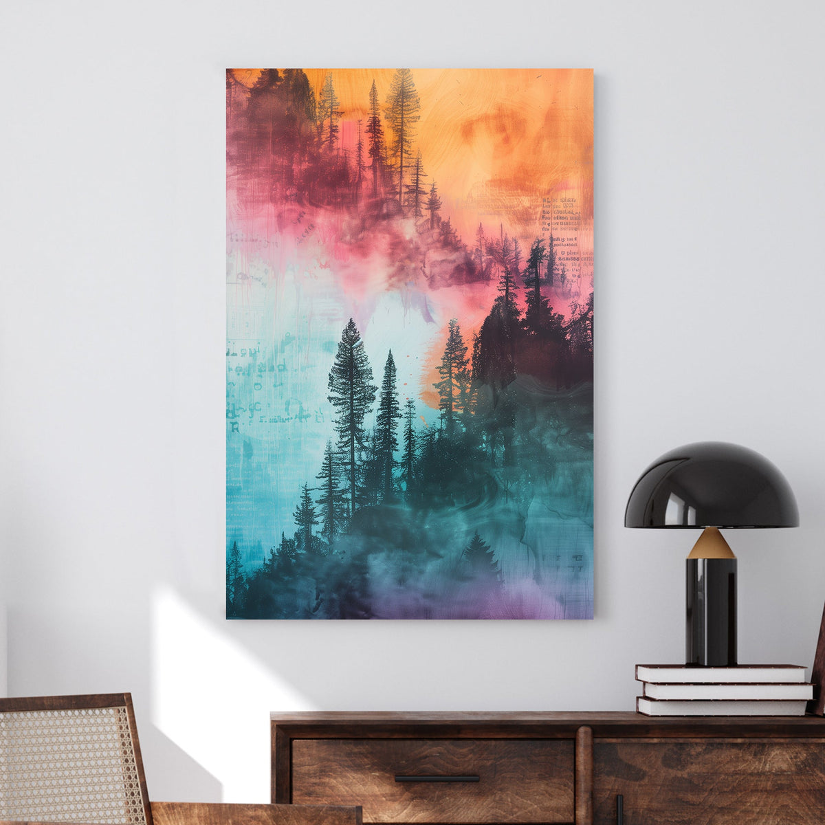 Abstract forest wall art with vibrant blue, orange, and pink hues blending into a misty tree silhouette.