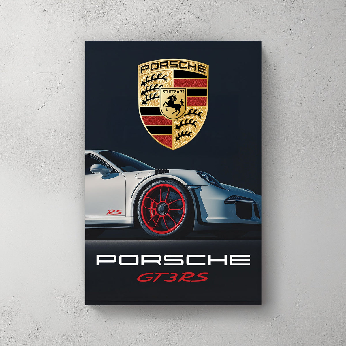 Porsche RS wall art featuring a sleek white sports car with red rims against a dark background.