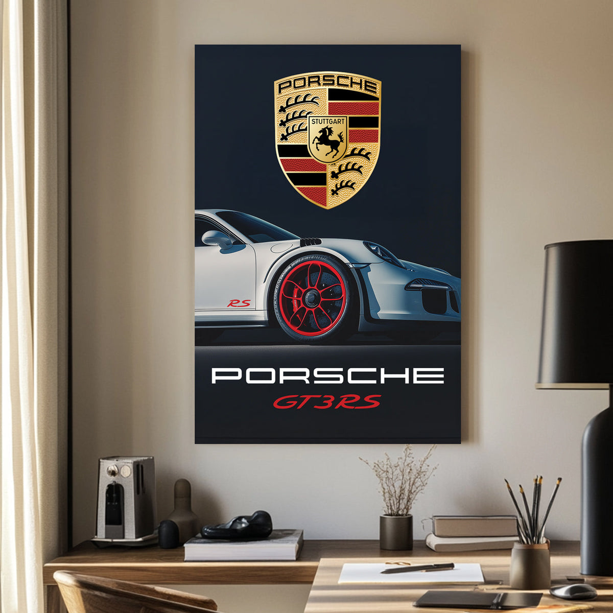 Porsche RS wall art featuring a sleek white sports car with red rims against a dark background.