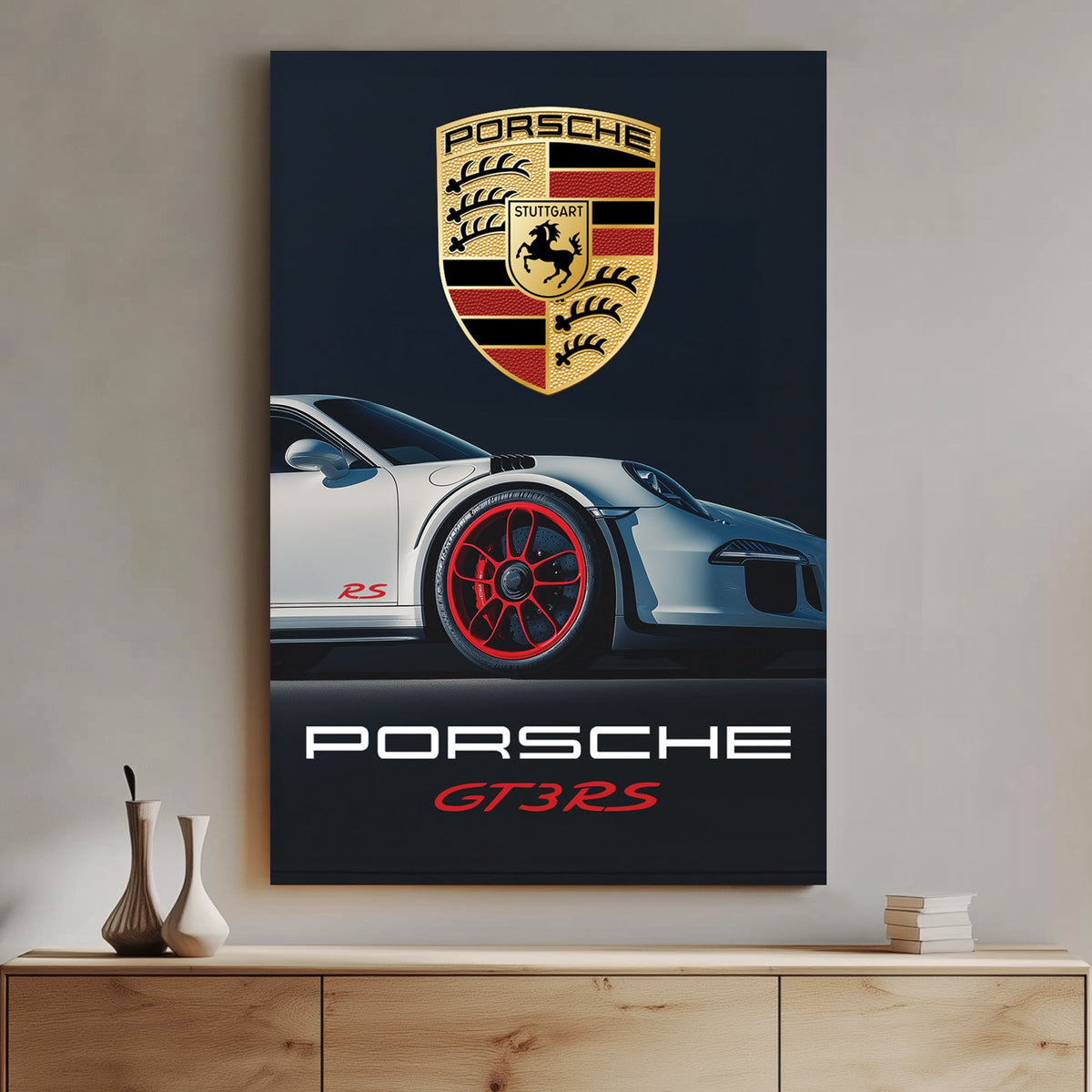 Porsche RS wall art featuring a sleek white sports car with red rims against a dark background.