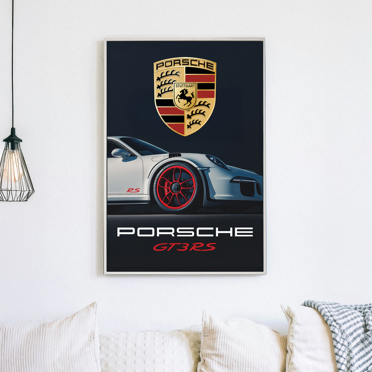 Porsche RS wall art featuring a sleek white sports car with red rims against a dark background.