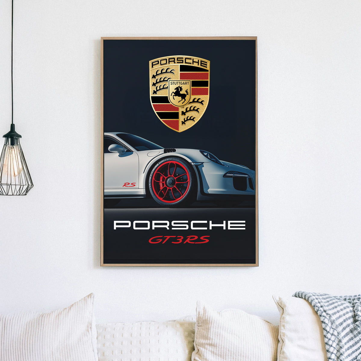 Porsche RS wall art featuring a sleek white sports car with red rims against a dark background.