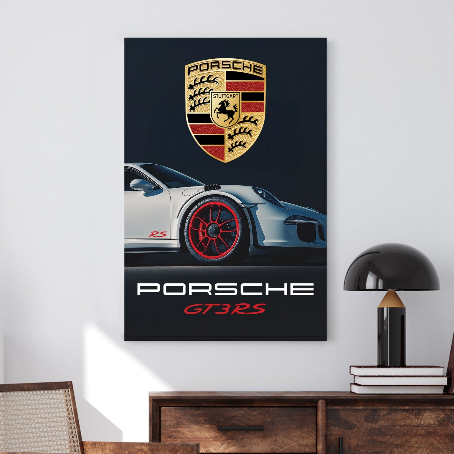Porsche RS wall art featuring a sleek white sports car with red rims against a dark background.