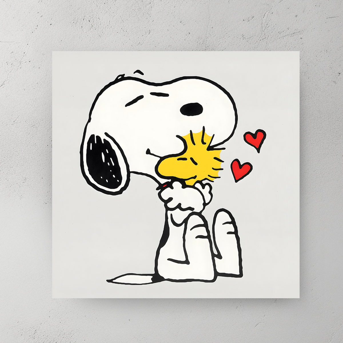 A piece of wall art featuring cartoon characters Snoopy and Woodstock from the Peanuts comic strip, with bold black outlines, crisp white space, and soft pops of color. The artwork shows Snoopy giving Woodstock a hug, with floating hearts in the air.