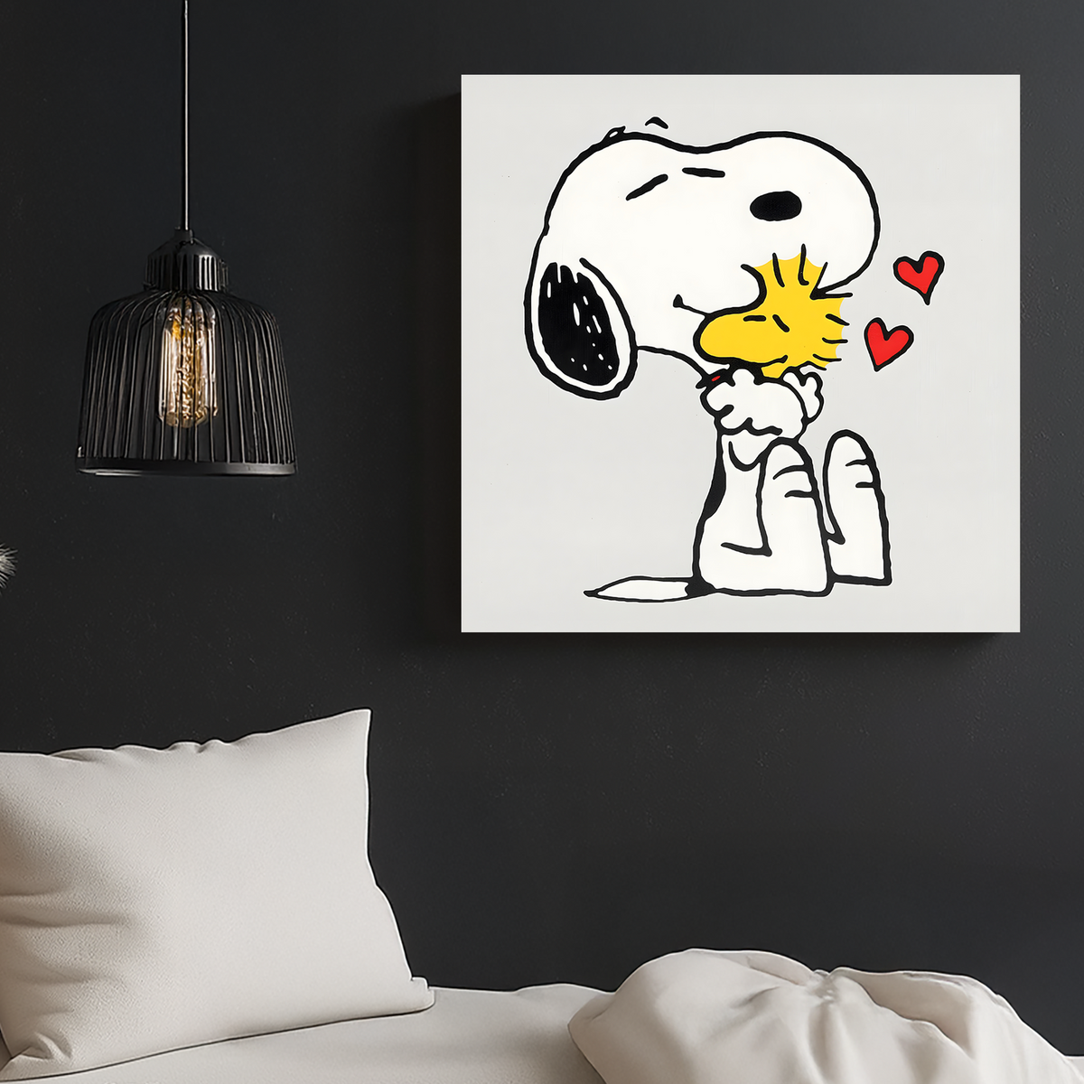 A piece of wall art featuring cartoon characters Snoopy and Woodstock from the Peanuts comic strip, with bold black outlines, crisp white space, and soft pops of color. The artwork shows Snoopy giving Woodstock a hug, with floating hearts in the air.