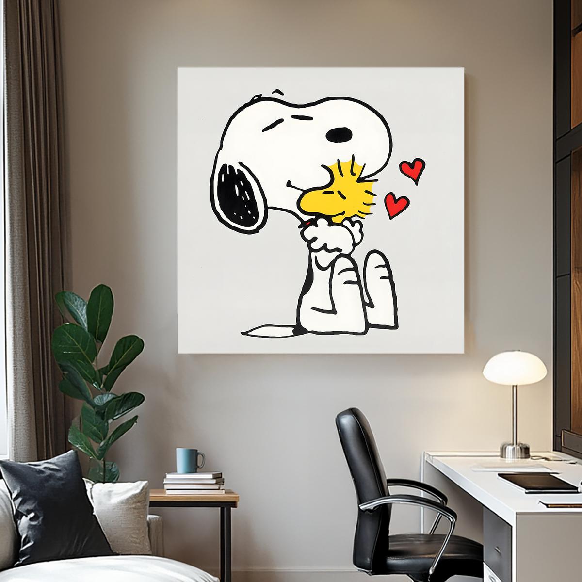 A piece of wall art featuring cartoon characters Snoopy and Woodstock from the Peanuts comic strip, with bold black outlines, crisp white space, and soft pops of color. The artwork shows Snoopy giving Woodstock a hug, with floating hearts in the air.