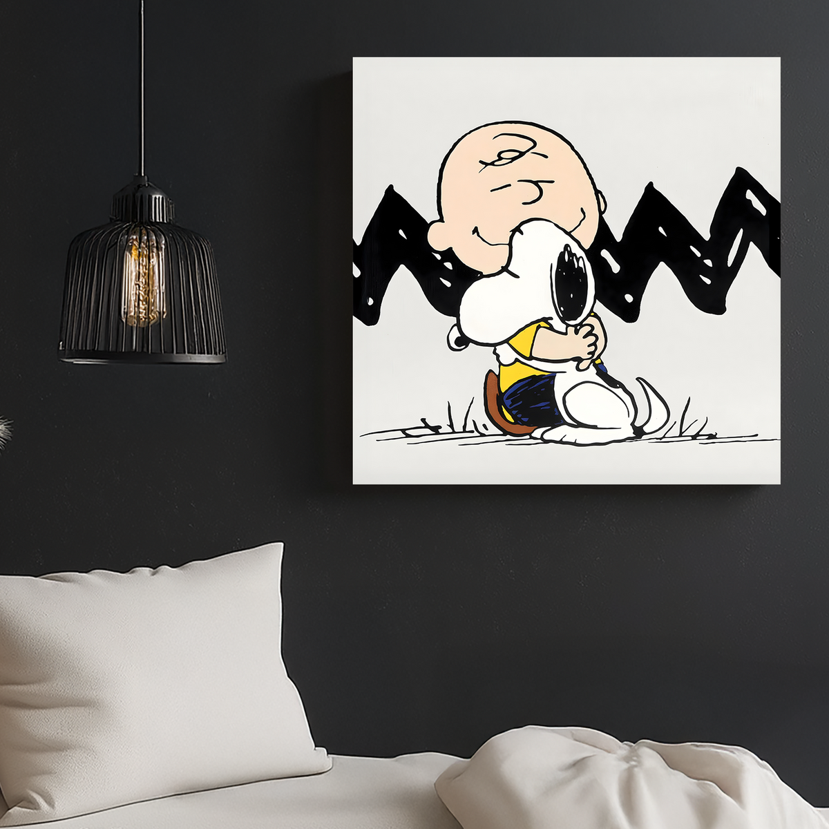 Snoopy and Charlie Brown hugging cartoon wall art