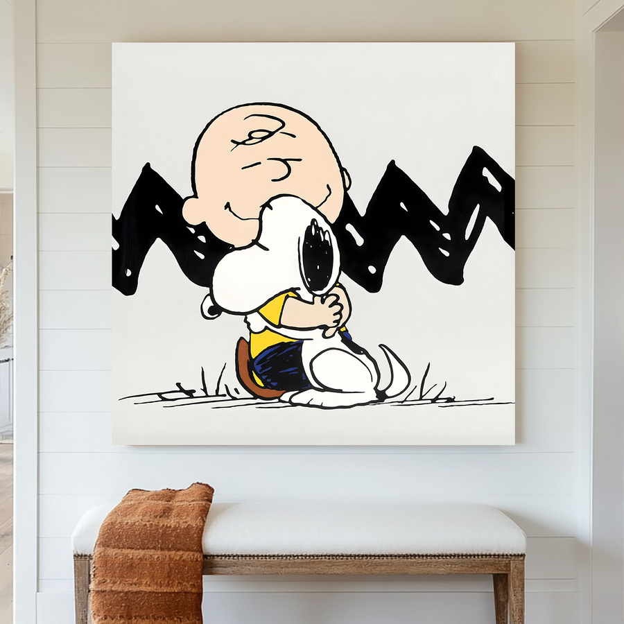 Snoopy and Charlie Brown hugging cartoon wall art