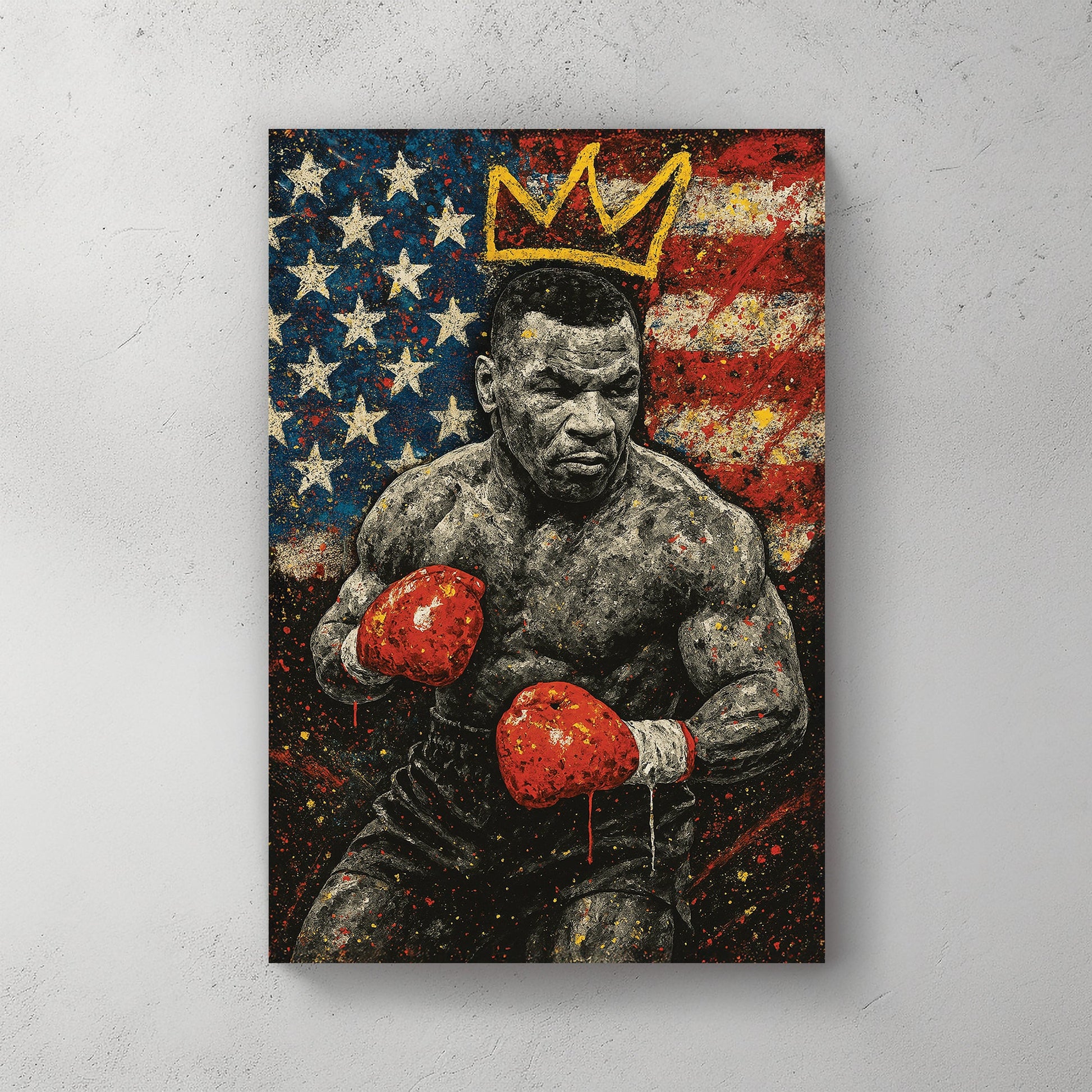 Mike Tyson wall art in front of American flag with crown graffiti