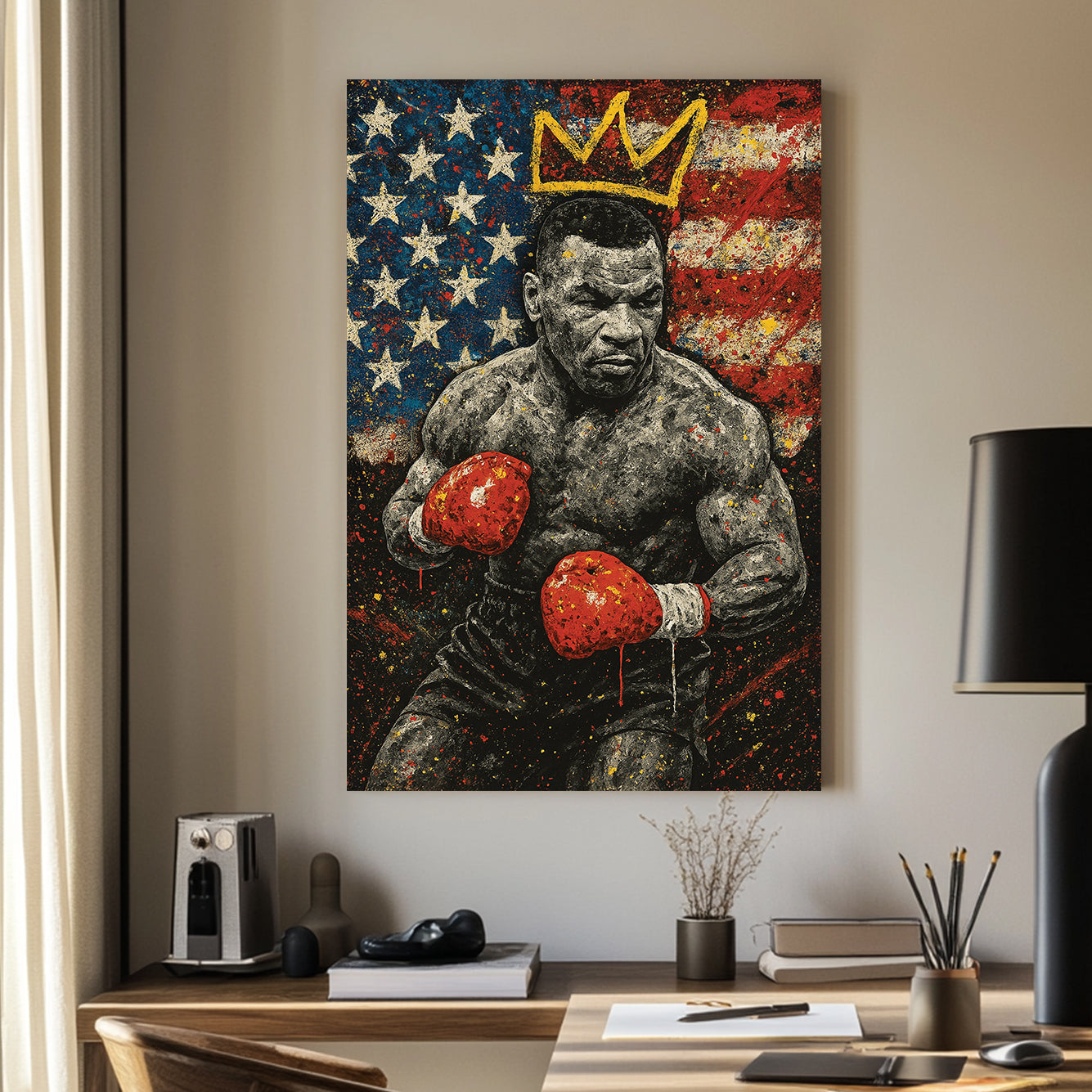 Mike Tyson wall art in front of American flag with crown graffiti