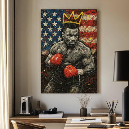 Mike Tyson wall art in front of American flag with crown graffiti