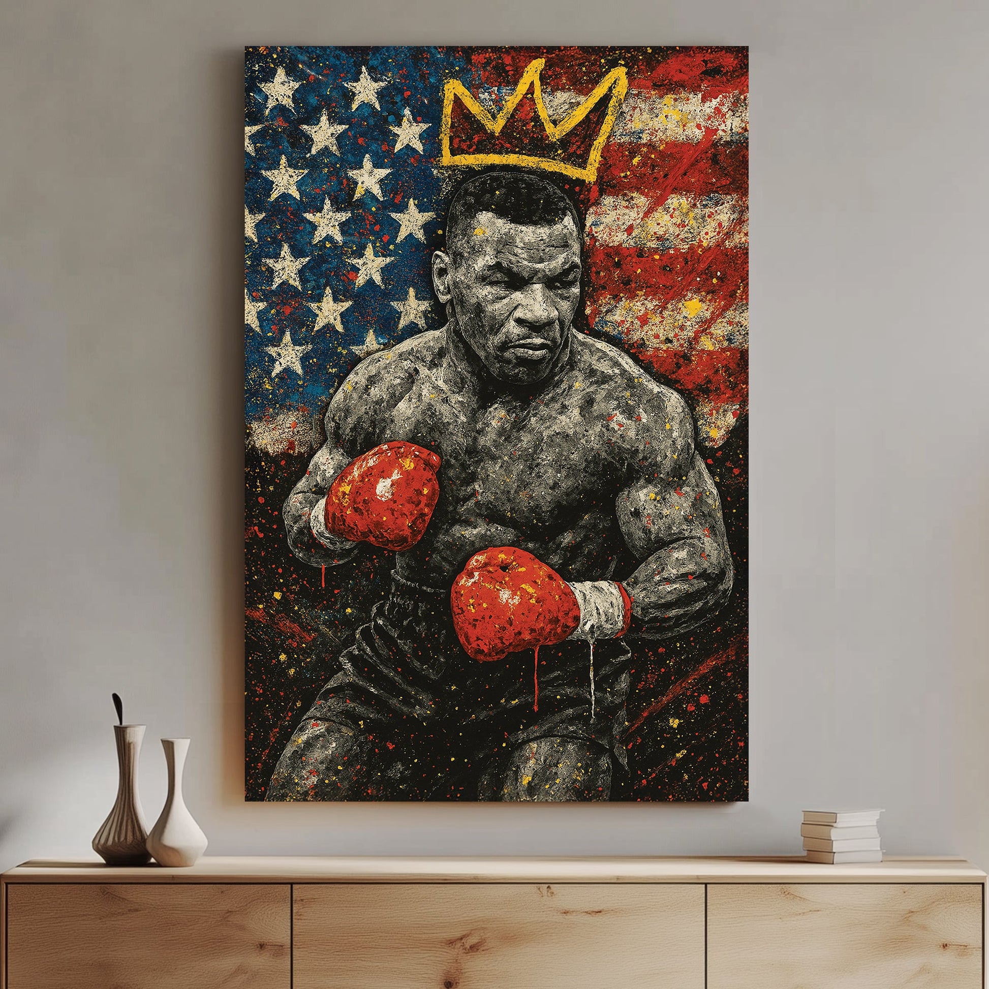 Mike Tyson wall art in front of American flag with crown graffiti