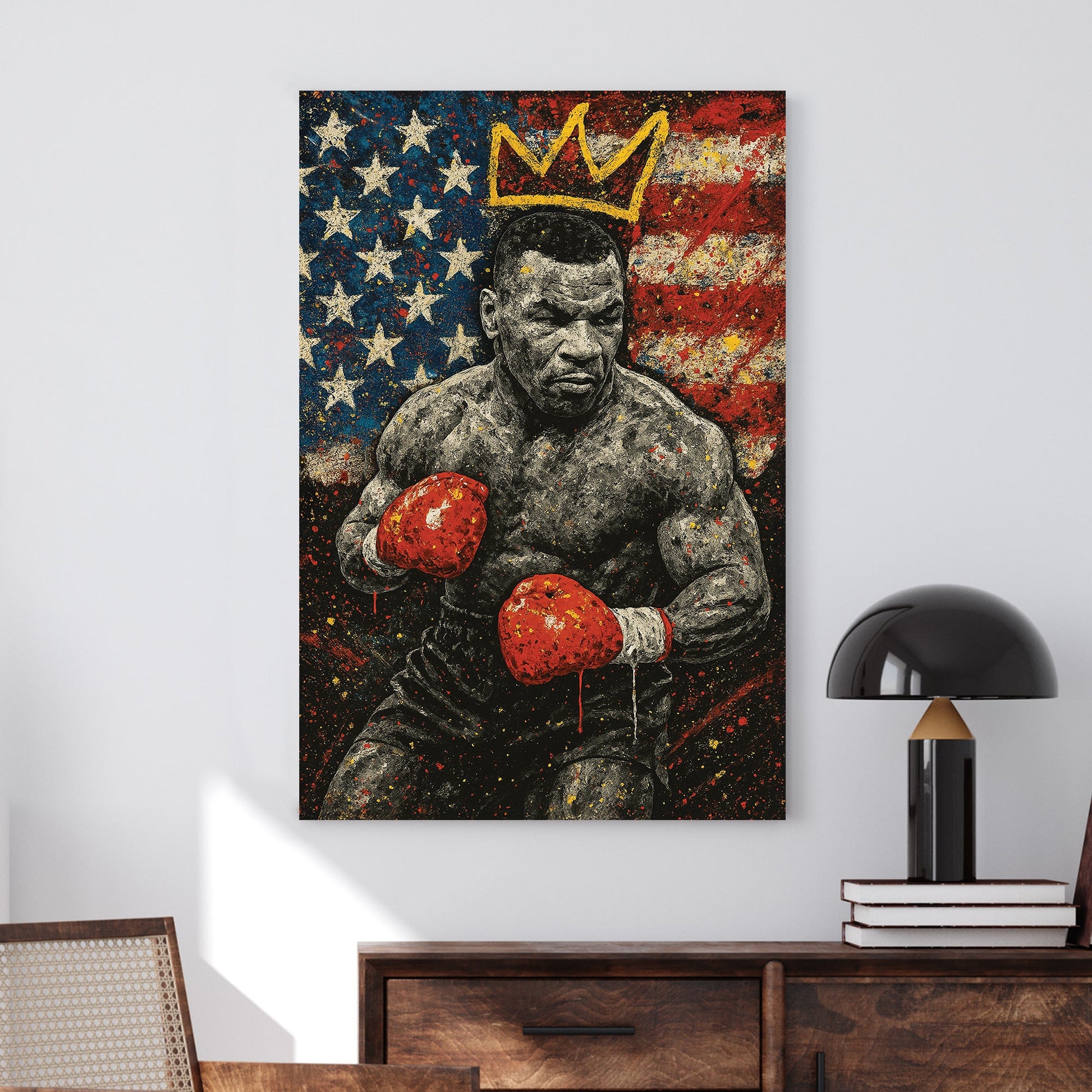 Mike Tyson wall art in front of American flag with crown graffiti