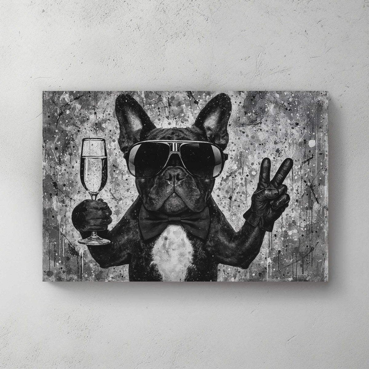 French bulldog in sunglasses with champagne and peace sign wall art
