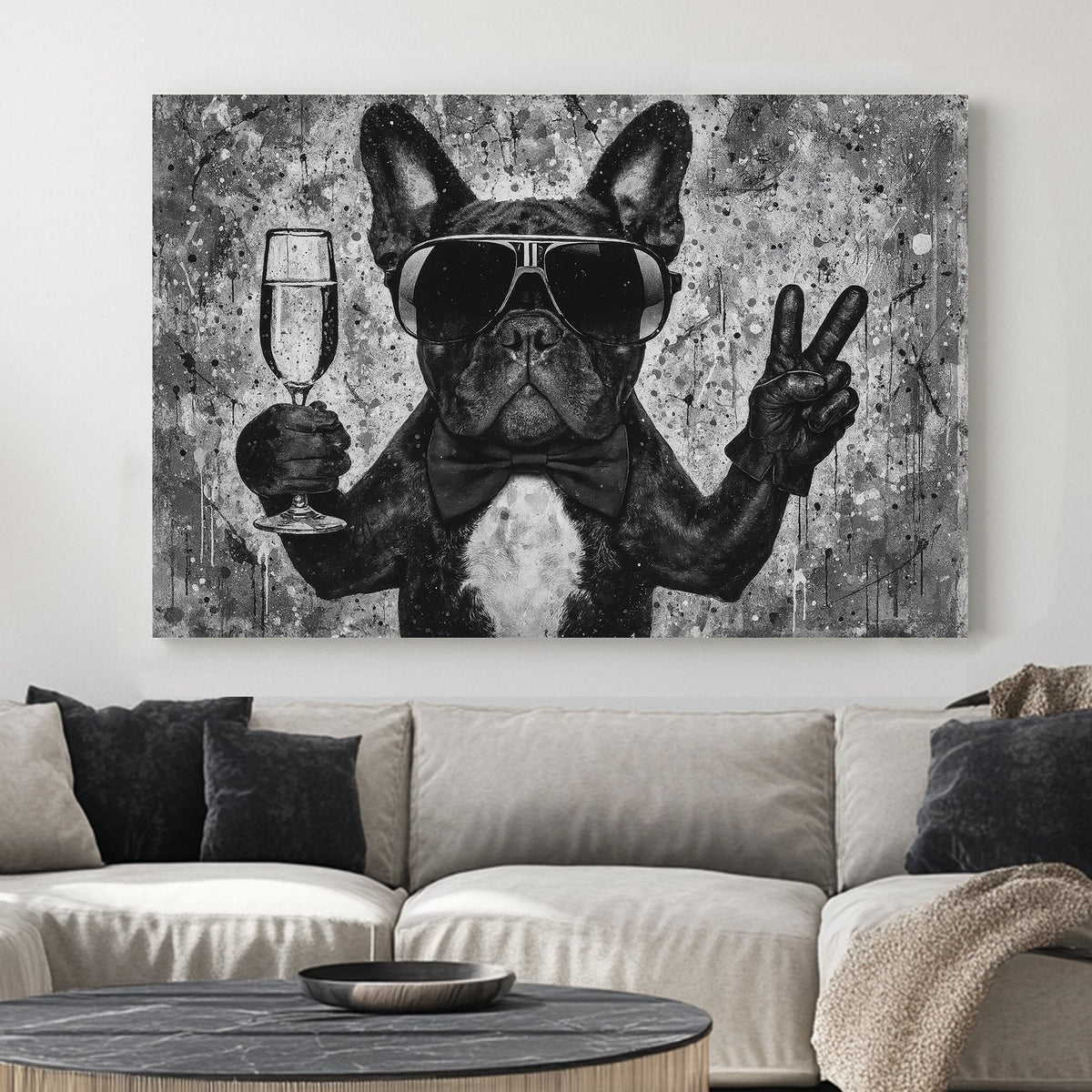 French bulldog in sunglasses with champagne and peace sign wall art