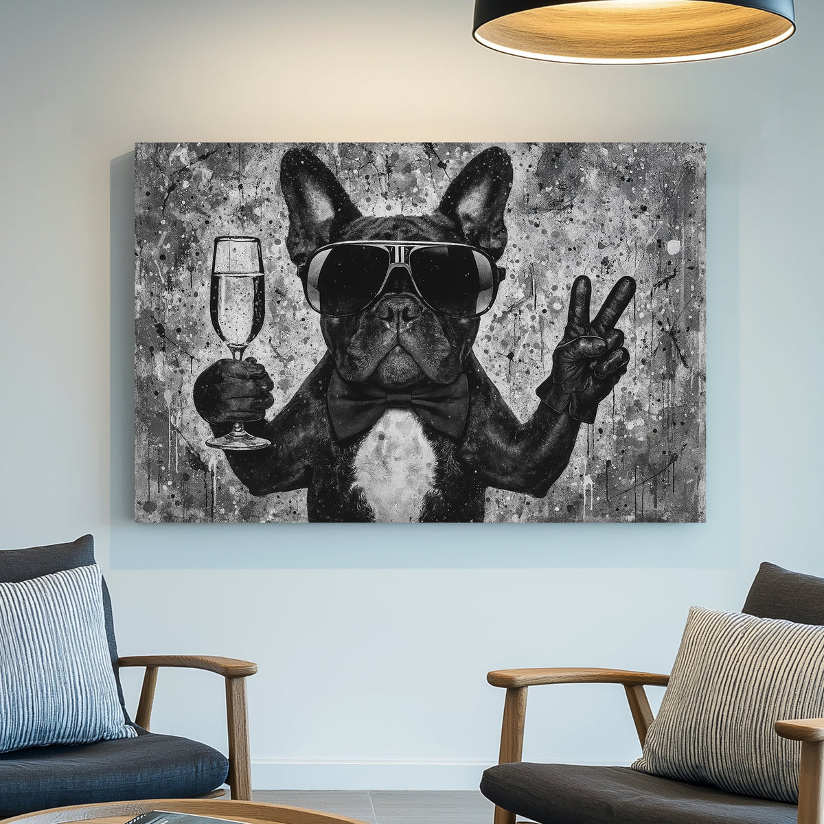 French bulldog in sunglasses with champagne and peace sign wall art