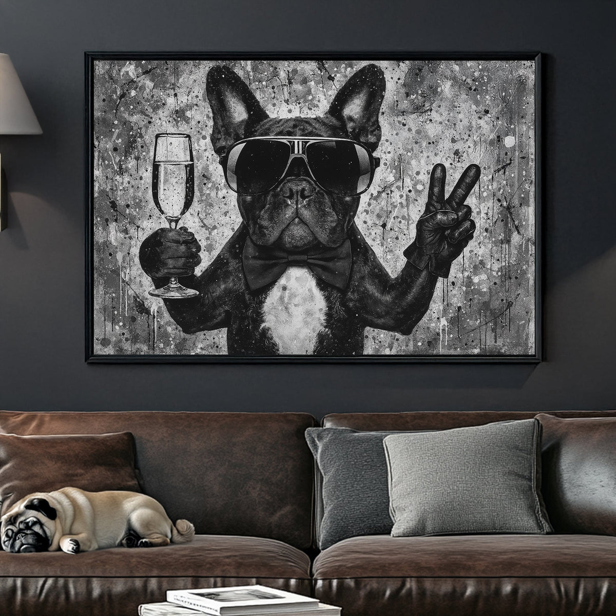French bulldog in sunglasses with champagne and peace sign wall art