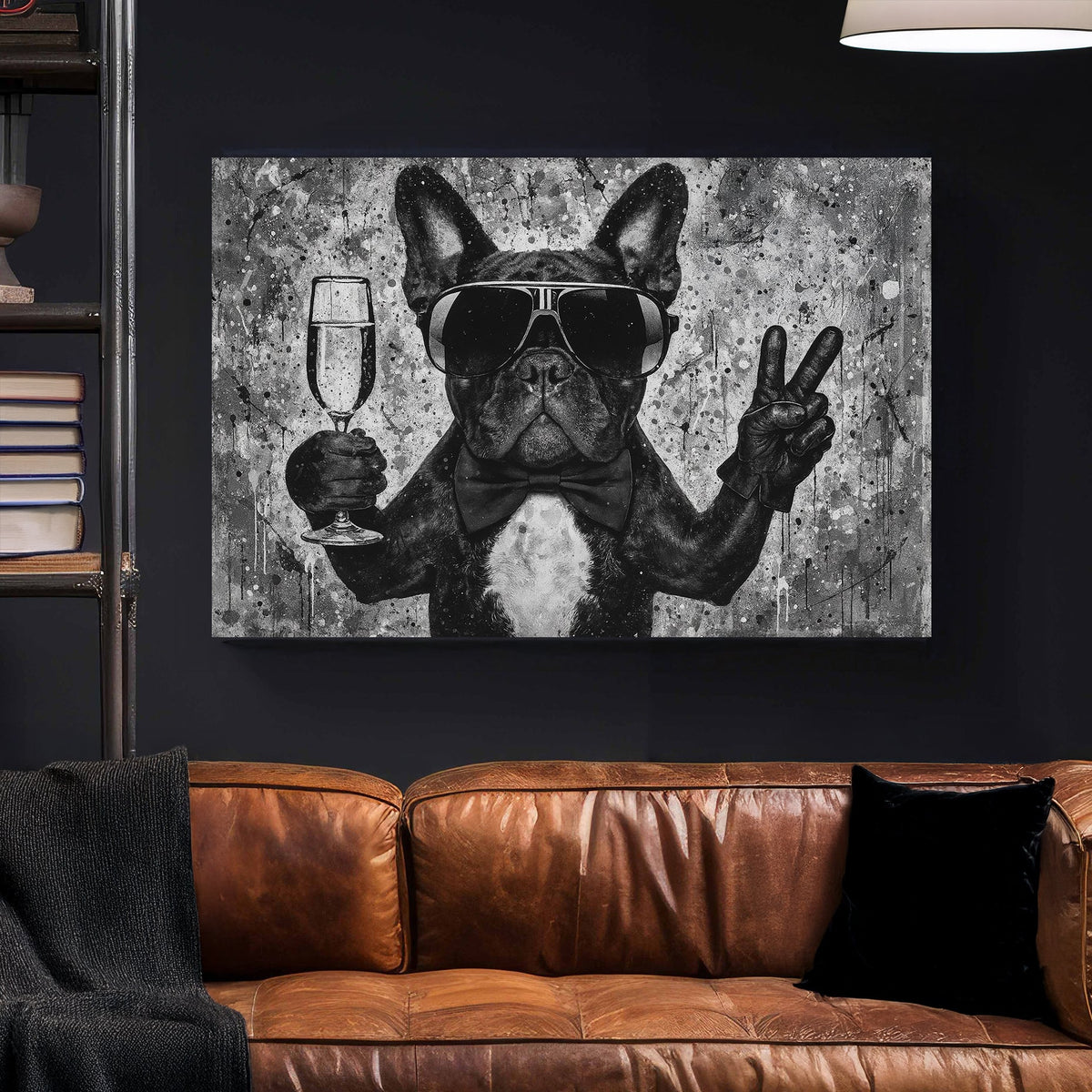 French bulldog in sunglasses with champagne and peace sign wall art
