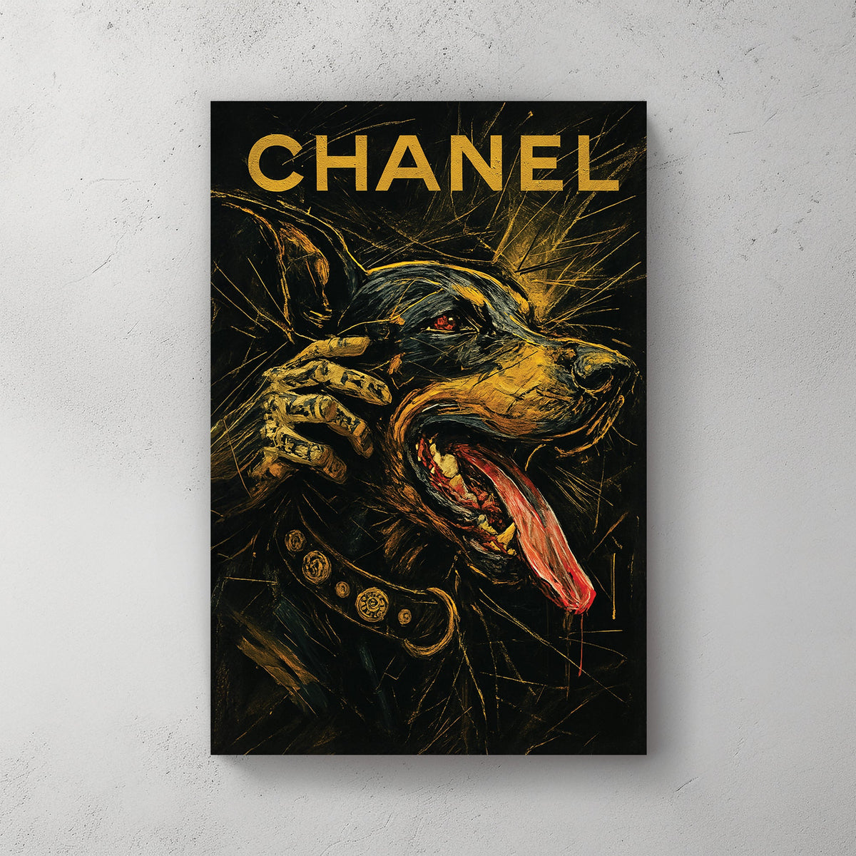 Doberman with gold Chanel text and luxury collar wall art
