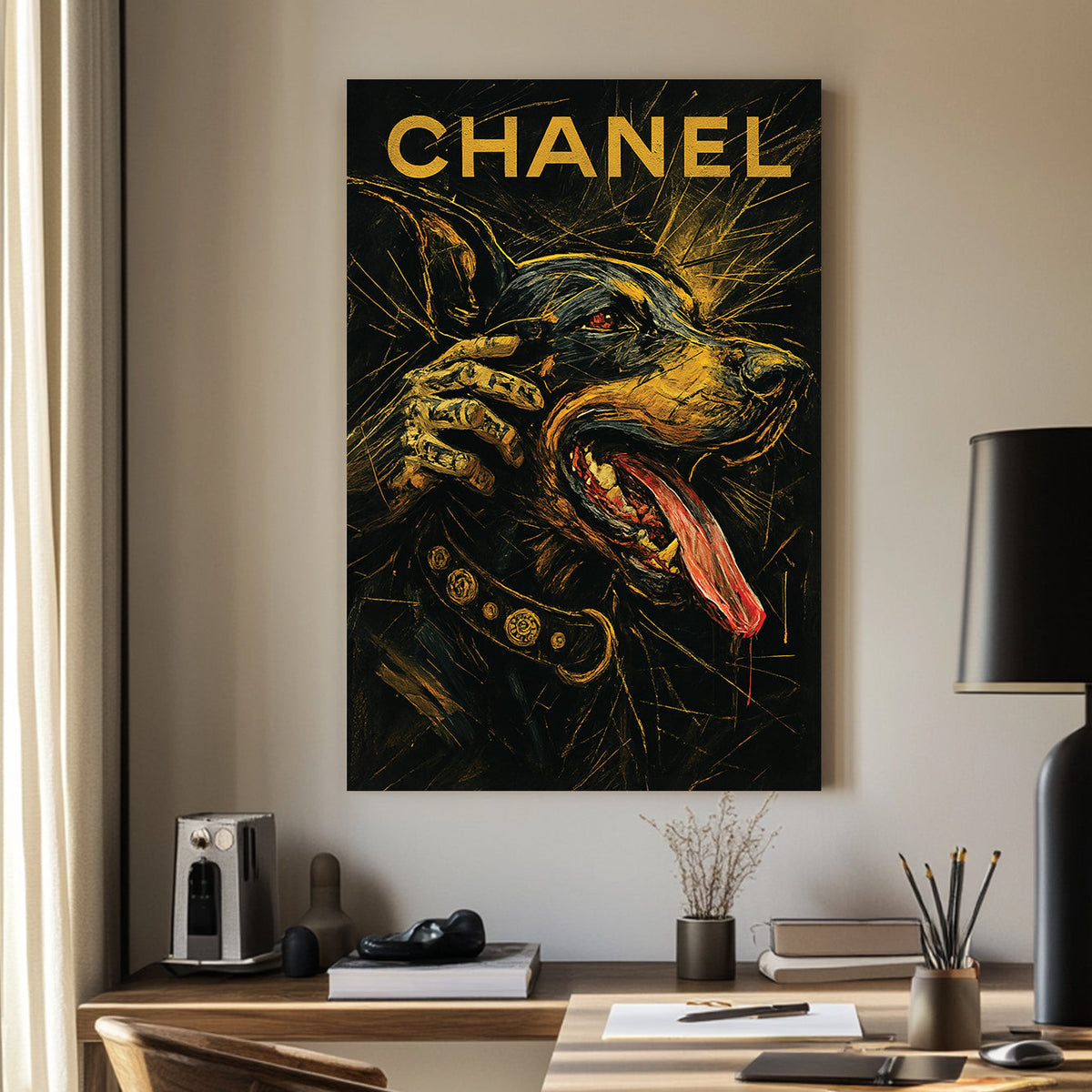 Doberman with gold Chanel text and luxury collar wall art