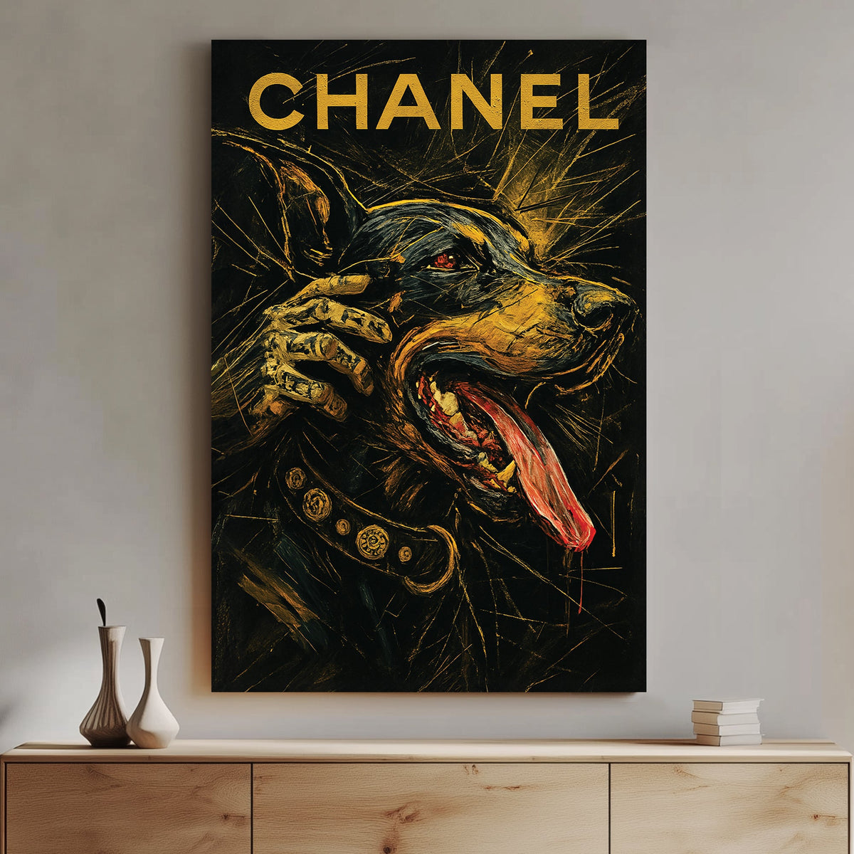 Doberman with gold Chanel text and luxury collar wall art