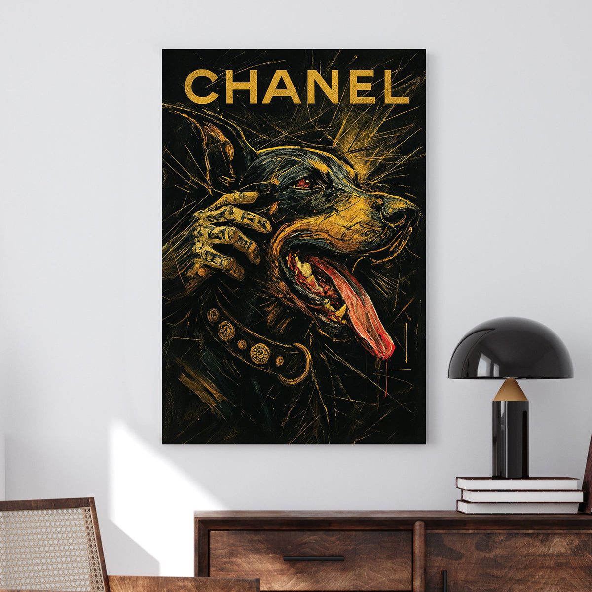 Doberman with gold Chanel text and luxury collar wall art