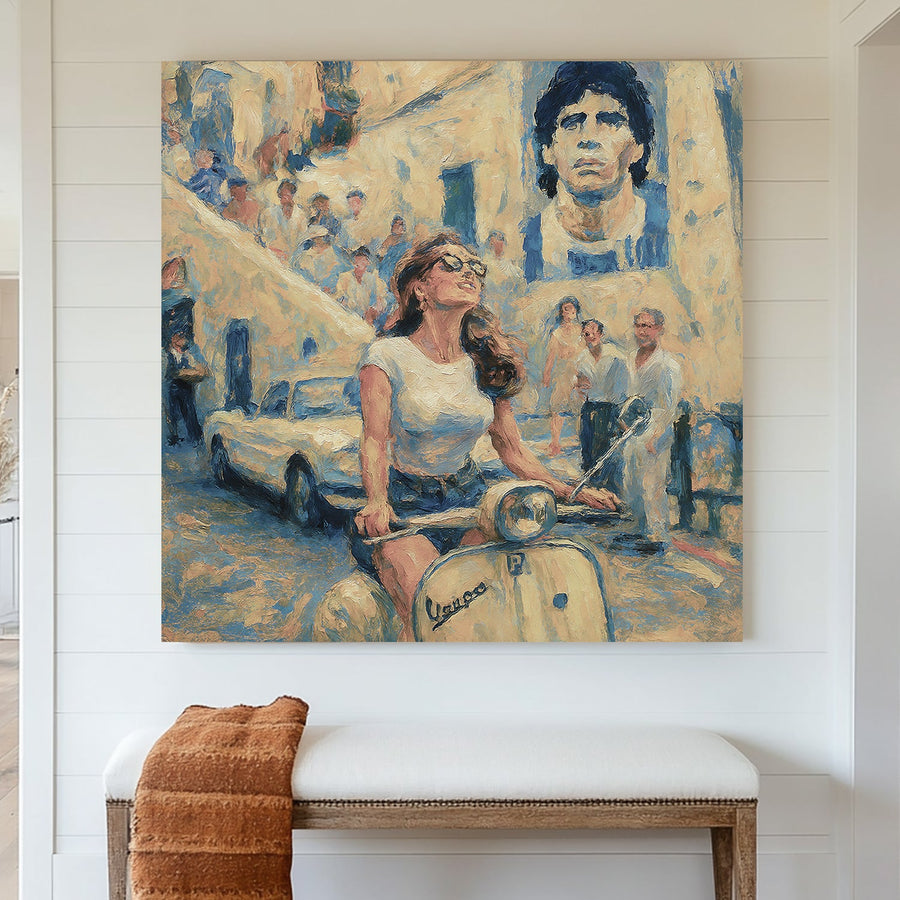 Woman riding a Vespa through Italian street with mural of Maradona wall art