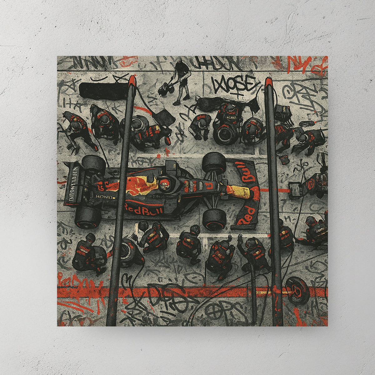 Overhead view of Red Bull F1 pit stop surrounded by graffiti wall art