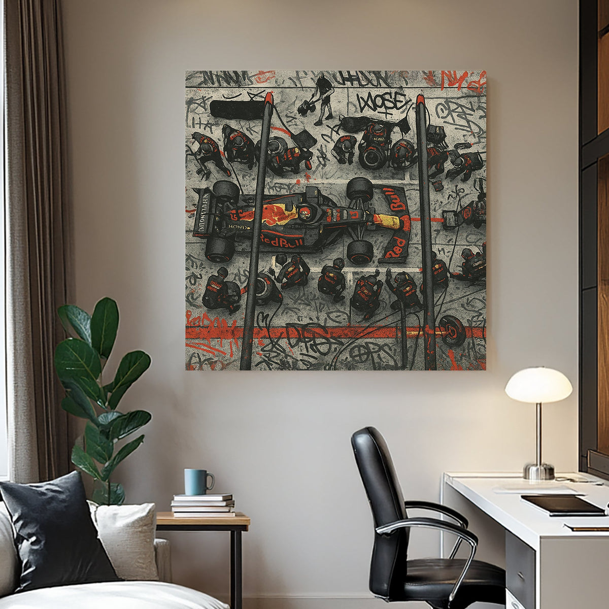 Overhead view of Red Bull F1 pit stop surrounded by graffiti wall art
