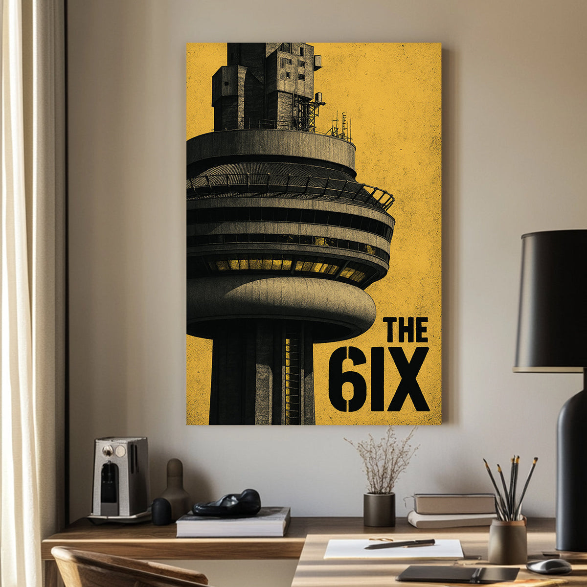 CN Tower close-up with yellow background and “The 6IX” text wall art