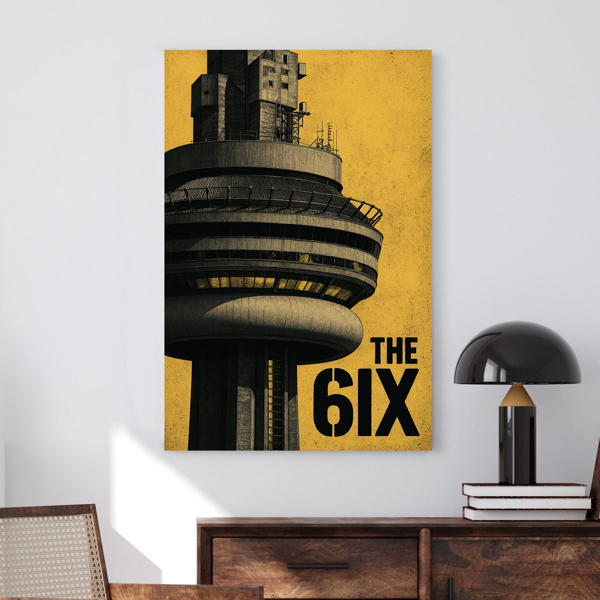 CN Tower close-up with yellow background and “The 6IX” text wall art
