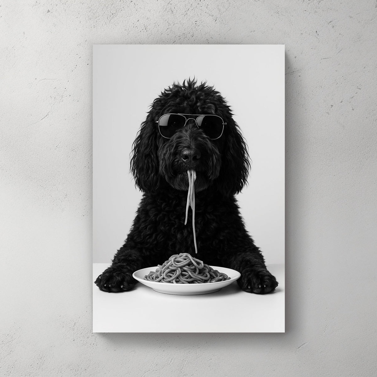Black dog golden doodle wearing sunglasses eating spaghetti at a table wall art