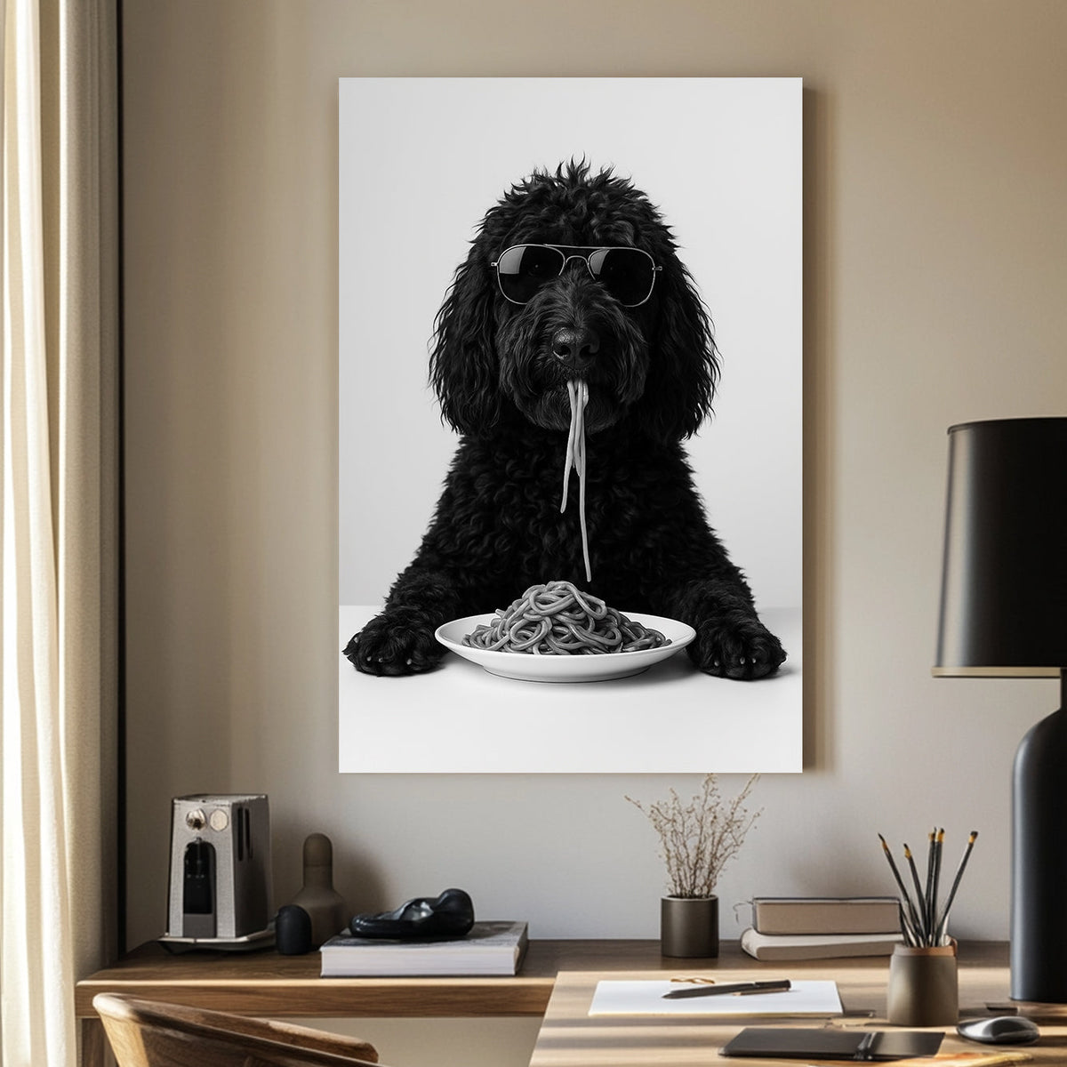 Black dog golden doodle wearing sunglasses eating spaghetti at a table wall art