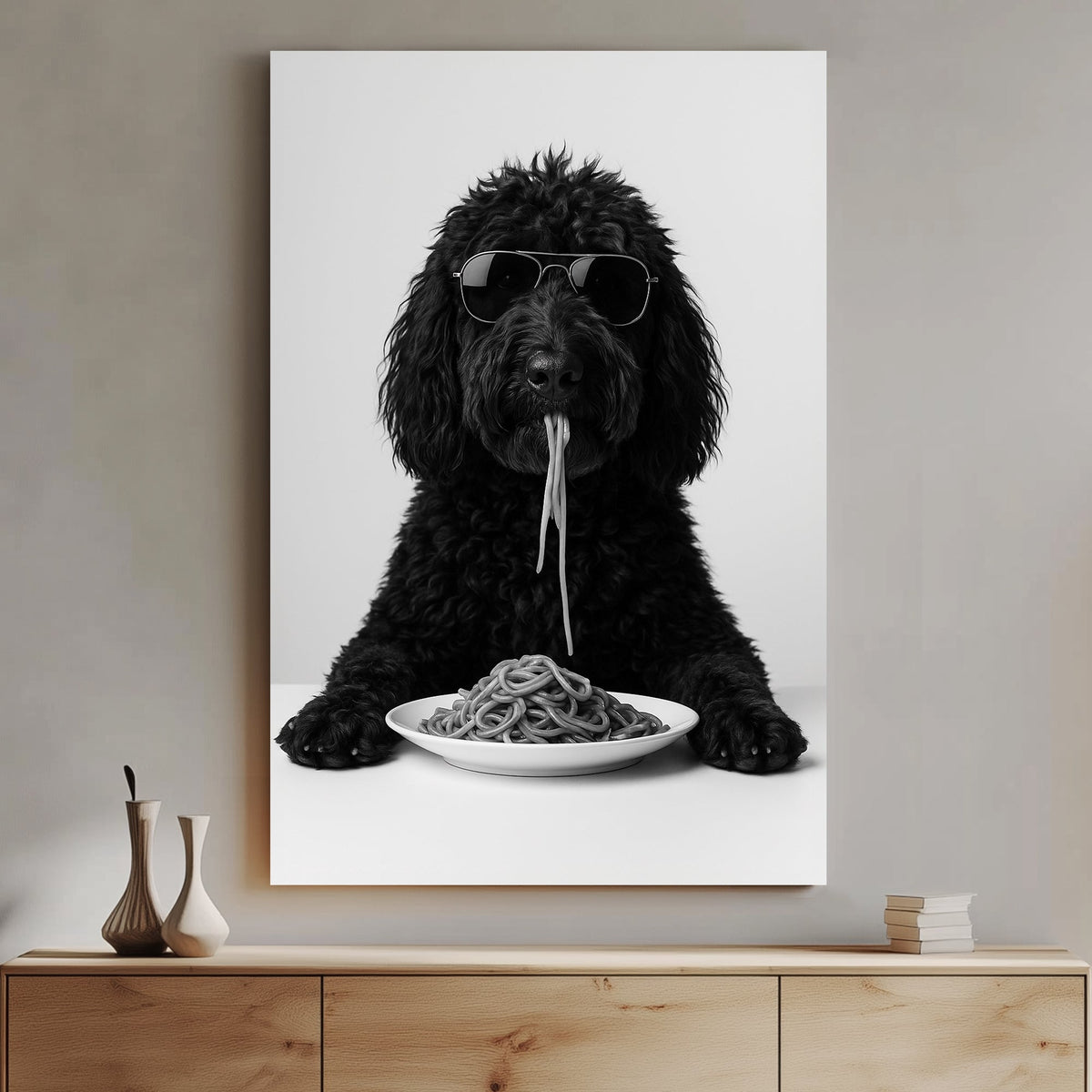 Black dog golden doodle wearing sunglasses eating spaghetti at a table wall art