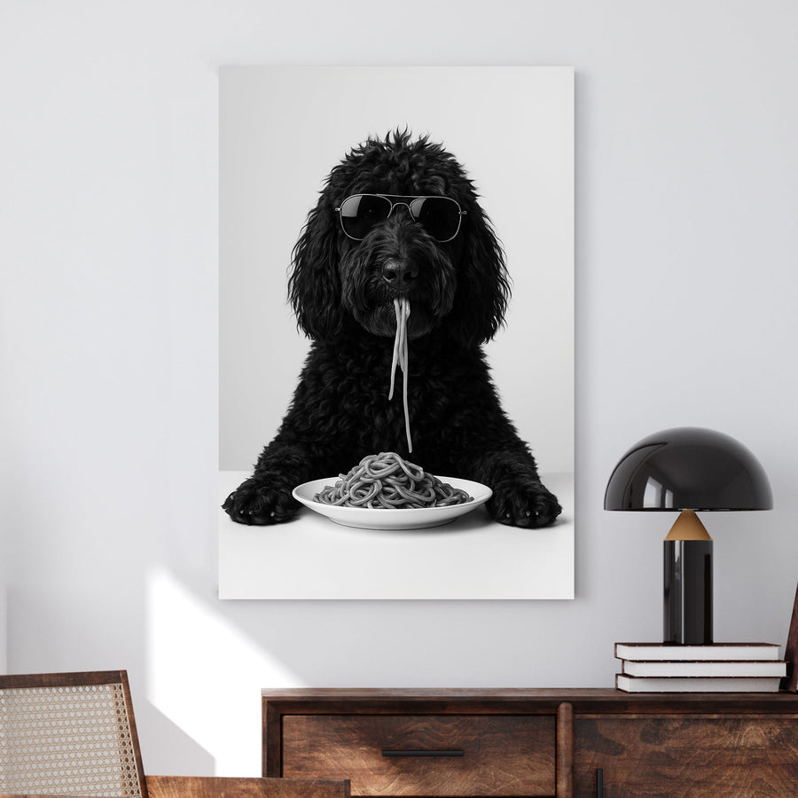 Black dog golden doodle wearing sunglasses eating spaghetti at a table wall art