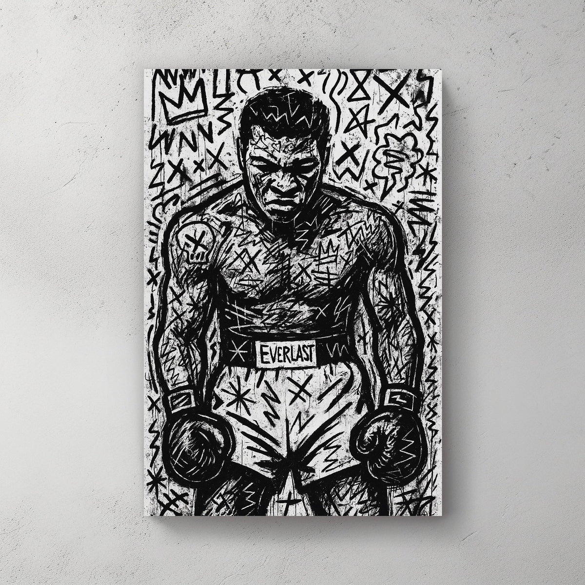 Graffiti-style black and white sketch of Muhammad Ali wall art